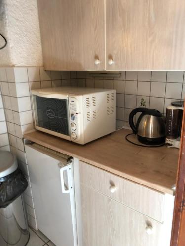 un micro-ondes posé sur un comptoir dans une cuisine dans l'établissement Studio 150m de la mer, à Argelès-sur-Mer