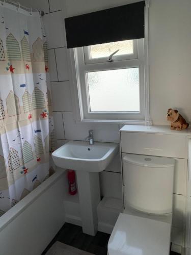 a bathroom with a sink and a toilet and a window at bulldog holidays 244 in Hemsby
