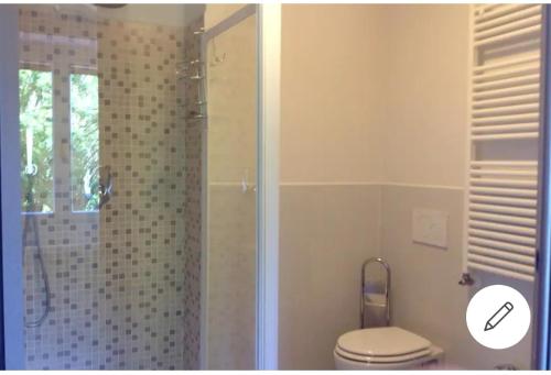 La salle de bains est pourvue de toilettes et d'une douche avec une porte en verre. dans l'établissement La corte delle fate, à Lonato