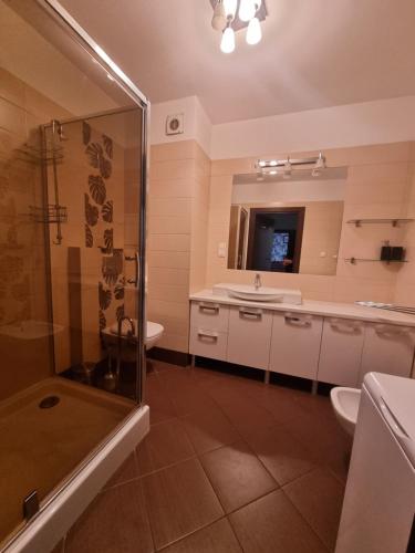 a bathroom with a shower and a toilet and a sink at Apartments Bulwar Portowy in Ustka