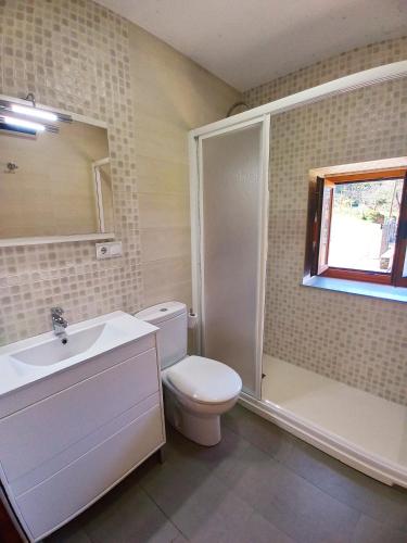 a bathroom with a toilet and a sink and a shower at Casa Carmelo in Viveiro