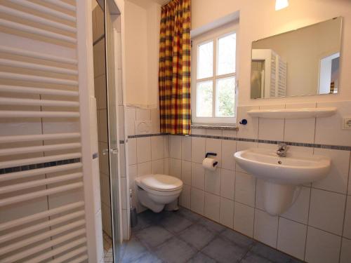 a bathroom with a toilet and a sink and a mirror at Ferienhaus in Wernigerode mit Innenpool in Wernigerode