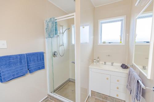 a bathroom with a shower and a sink at Le Riva Beachside Haven in Whanganui