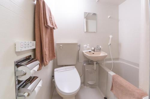 Baño pequeño con aseo y lavamanos en Hotel Taiyonoen Tokushima Kenchomae - Vacation STAY 26358v en Tokushima