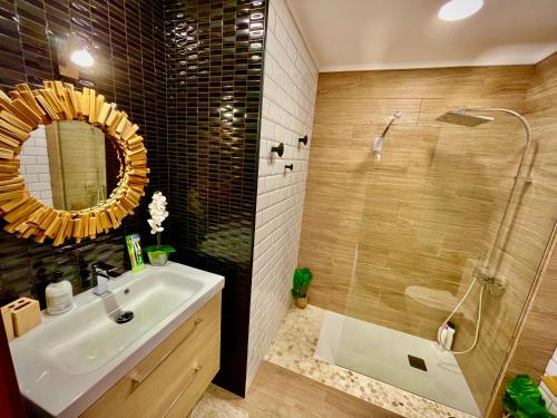 a bathroom with a sink and a shower and a mirror at Luxury Suite San Borondón in Playa Honda