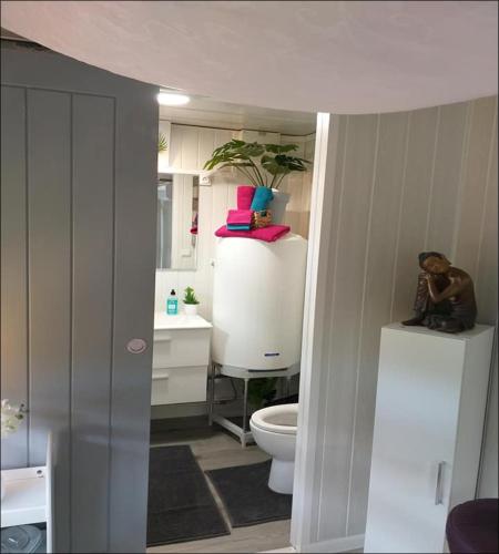 une salle de bain avec toilettes et lavabo dans l'établissement LE REFUGE ZEN HEBERGEMENT ATYPIQUE A LA SEMAINE AVEC BUNGALOW, CABANE, BULLE ET SPA, à Montpouillan