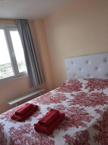 a bedroom with a bed with two red pillows on it at YOPEN Monoambiente in Ushuaia