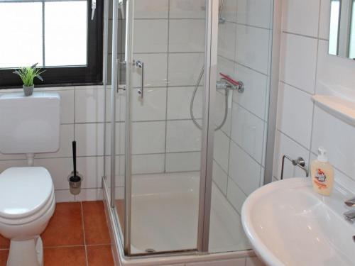 uma casa de banho com um chuveiro, um WC e um lavatório. em Ferienhaus Nr 30, Kategorie Komfort Plus, Feriendorf Hochbergle, Allgäu em Bichel