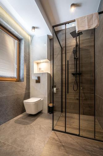 a bathroom with a toilet and a glass shower at Willa Trawers in Zakopane