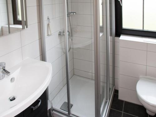 uma casa de banho com um chuveiro, um lavatório e um WC. em Ferienhaus Nr 27, Kategorie Premium, Feriendorf Hochbergle, Allgäu em Bichel