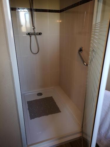 a shower with a glass door in a bathroom at Les Camelias in Bagnoles de l'Orne