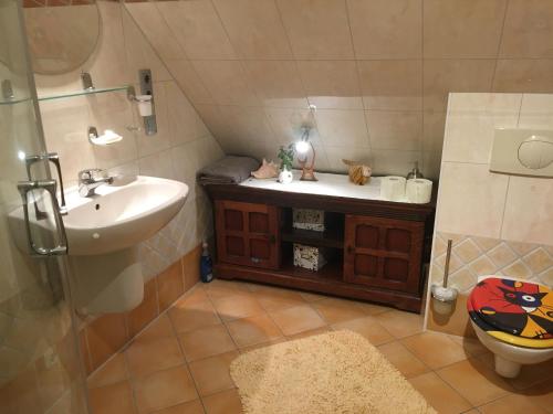 a bathroom with a sink and a toilet at Ferienwohnung Nähe Boltenhagen in Arpshagen