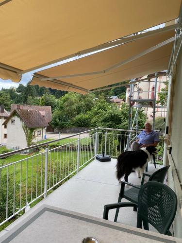 a man sitting in a chair on a balcony with a dog at Haus Silberdistel in Todtmoos