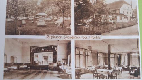 an old photo of a building with tables and chairs at Hotel Kreuzbergbaude beim Berzdorfer See mit Wohlfühl Sauna in Görlitz