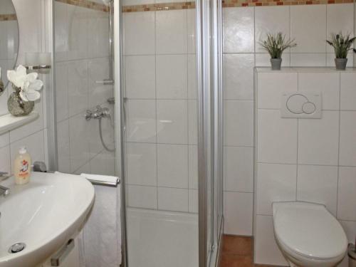 a bathroom with a shower and a toilet and a sink at Ferienhaus Nr 48, Kategorie Komfort, Feriendorf Hochbergle, Allgäu in Bichel