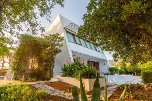 uma casa branca com plantas à frente em Villa Oasis with Large Pool Athenian Riviera Lagonissi em Lagonissi