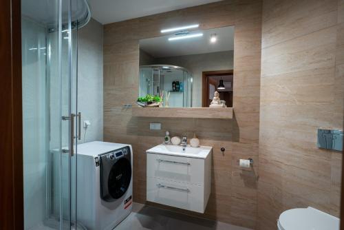 La salle de bains est pourvue d'une douche, d'un lavabo et d'un miroir. dans l'établissement Apartament Kurort Kozubnik Wilcza Wataha, à Porąbka
