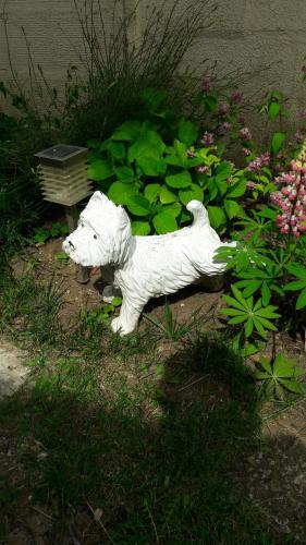 uma estátua de um cão branco num jardim em Le Beau Verger em Le Mans