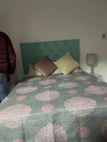 a bed with a green headboard and pillows on it at Lovely and warming 3 bed in Morelia