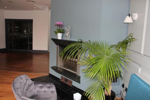 a living room with a fireplace and two chairs at SCOTTY & PAUL Hotel Deggendorf in Deggendorf