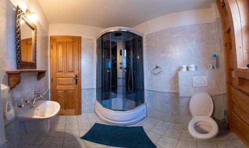La salle de bains est pourvue d'une douche, de toilettes et d'un lavabo. dans l'établissement Drevenica Pod Vŕškom, à Terchová