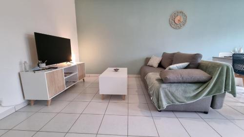 ein Wohnzimmer mit einem Sofa und einem Flachbild-TV in der Unterkunft Beau T2 bien équipé au calme! ! in Saint-Pierre-du-Mont