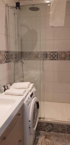 y baño con lavadora y ducha. en Cosystudio centre Ajaccio, en Ajaccio