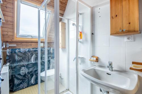 une salle de bain avec une douche, un lavabo et des toilettes dans l'établissement La Saga du Filet, à Saint-Cast-le-Guildo
