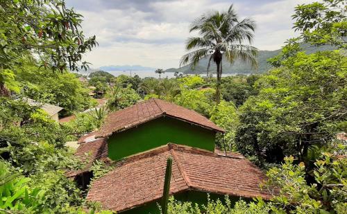 un edificio verde con una palmera en el fondo en Ilha Suites - Vila do Abraão en Abraão
