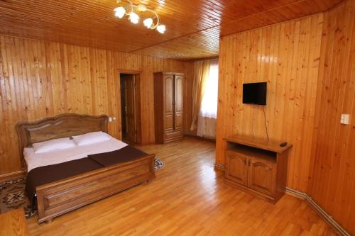 a bedroom with a bed and a tv and wooden walls at BAYKA - SPA resort in Kosiv