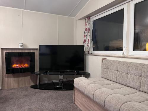 a living room with a couch and a fireplace at PG173 Golden Palm Resort 6 Berth Caravan With Decking in Chapel Saint Leonards