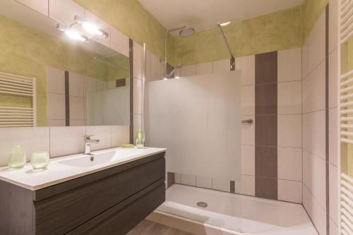 une salle de bain avec un lavabo et une douche dans l'établissement Le Caméléon, à Corgoloin