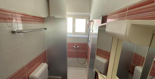 La petite salle de bains est pourvue d'une douche et de toilettes. dans l'établissement Apartments & Rooms Andrea 2, à Zadar