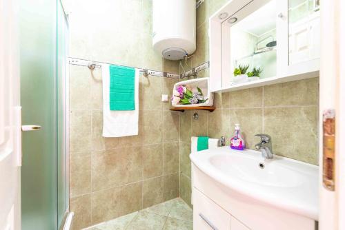 ein Bad mit einem Waschbecken und einem Spiegel in der Unterkunft Apartment Hannah in Novalja