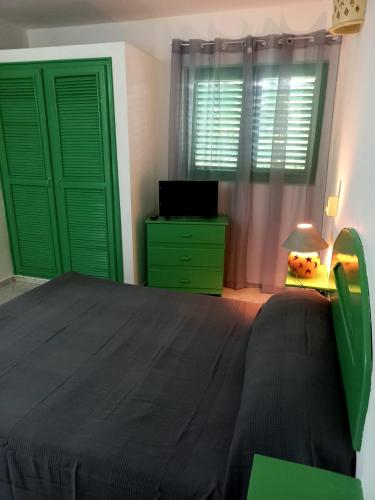a bedroom with green doors and a bed and a desk at Residence Nord Est in Las Terrenas