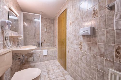 a bathroom with a toilet and a sink and a shower at Hotel-Restaurant Weinhaus Grebel in Koblenz