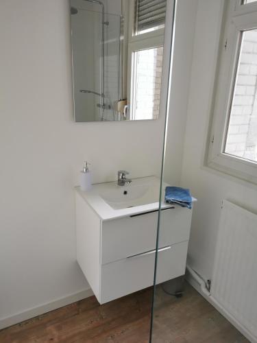 une salle de bain blanche avec un lavabo et un miroir dans l'établissement Chez Gabin, à Reims