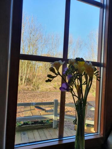 a vase filled with flowers sitting in a window at Beautiful Wooden tiny house, Glamping cabin with hot tub 2 in Tuxford