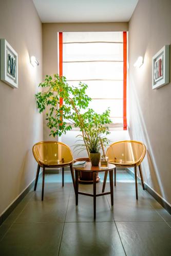two chairs and a table with a potted plant in a room at Hotel Bruman Salerno in Salerno