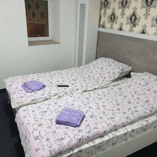 two beds in a room with purple pillows on them at SOBE ROYAL 2 Šabac in Šabac