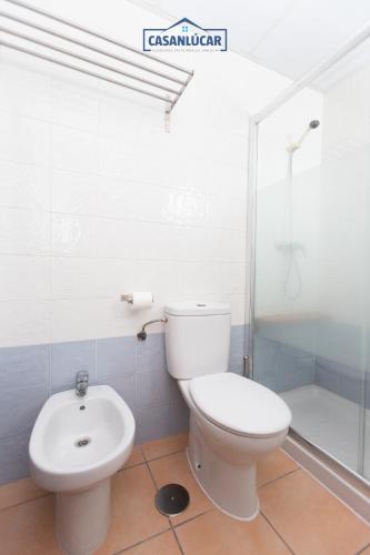 a bathroom with a toilet and a sink and a shower at Flamingo Golf A in Sanlúcar de Barrameda