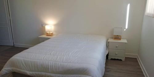 Bléneau的住宿－Gîte de la Haute Feuille，卧室配有白色的床和2个床头柜