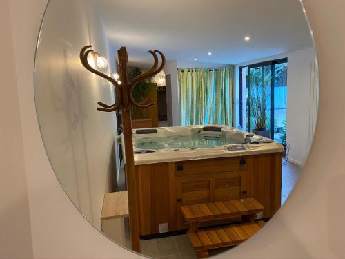 une salle de bain avec un lavabo et un miroir dans l'établissement Holiday home La Brijopa, à Bazoges-en-Pareds