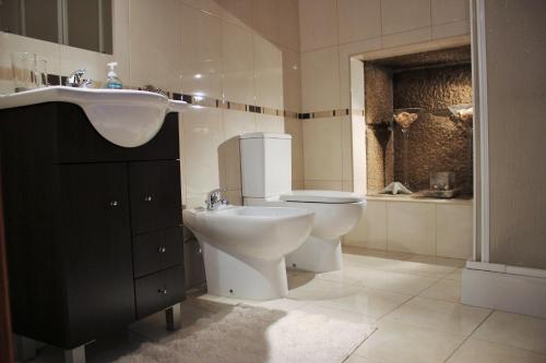 a bathroom with a sink and a toilet and a shower at Casa do Adro de Parada in Parada de Pinhão