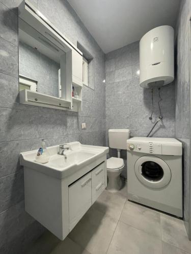a bathroom with a sink and a washing machine at Flower House in the City Center! in Pristina