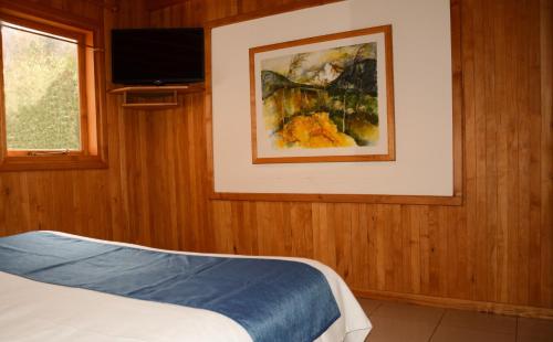 a bedroom with a bed and a picture on the wall at Apart Hotel del Pellin in San Martín de los Andes
