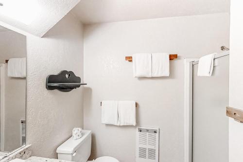 a bathroom with a toilet and towels on the wall at Living Pines Condominium in Shaver Lake