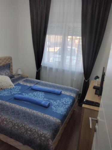 a bedroom with a bed with blue sheets and a window at Apartman Cer in Banja Koviljača
