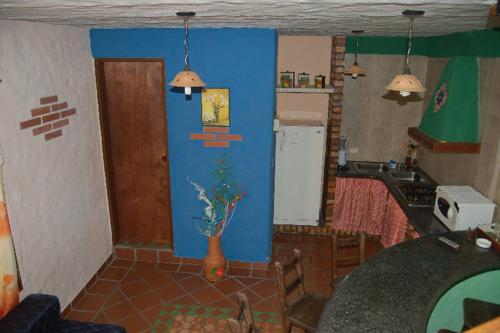 a kitchen with a blue wall and a vase with a plant at Cabañas Falconia in Mérida