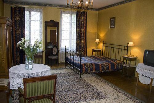sypialnia z łóżkiem, stołem i telewizorem w obiekcie Austeria Klezmer Hois w Krakowie